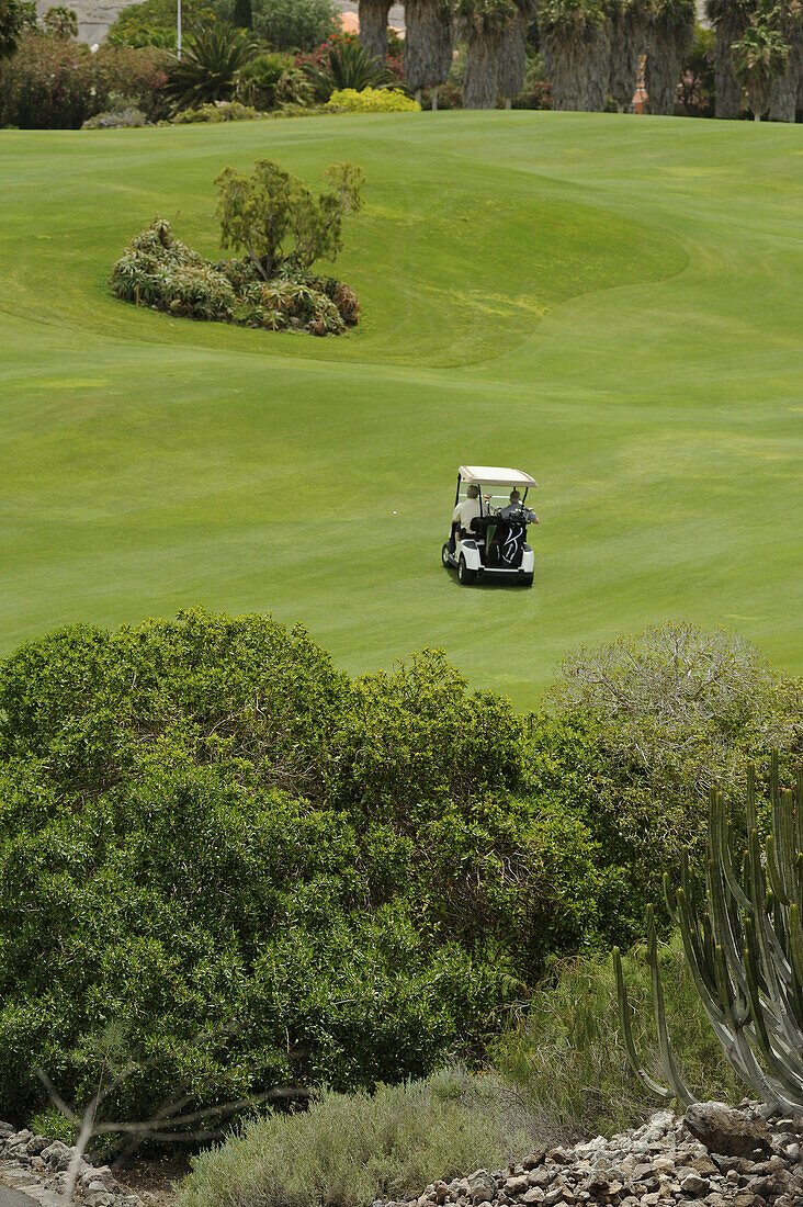 Golfwagen auf dem Grün, Aymerich Golf, San Blas, Teneriffa, Kanaren, Spanien