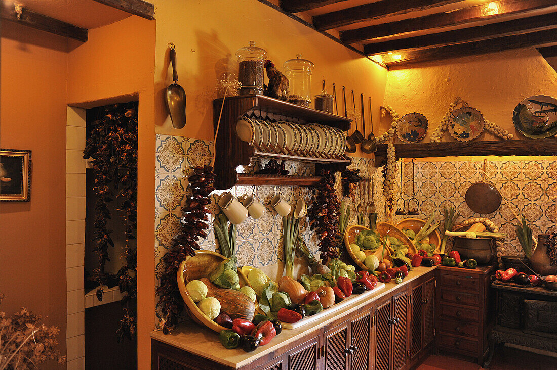 Kitchen with vegetables at the Abaco Museum, Puerto de la Cruz, Tenerife, Canary Islands, Spain