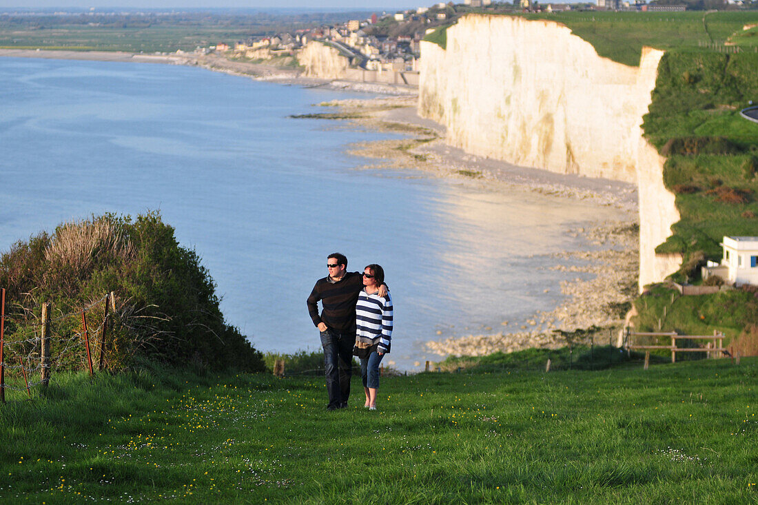 Couple Walking On The Cliffs Of Ault, Somme (80), Picardy, France