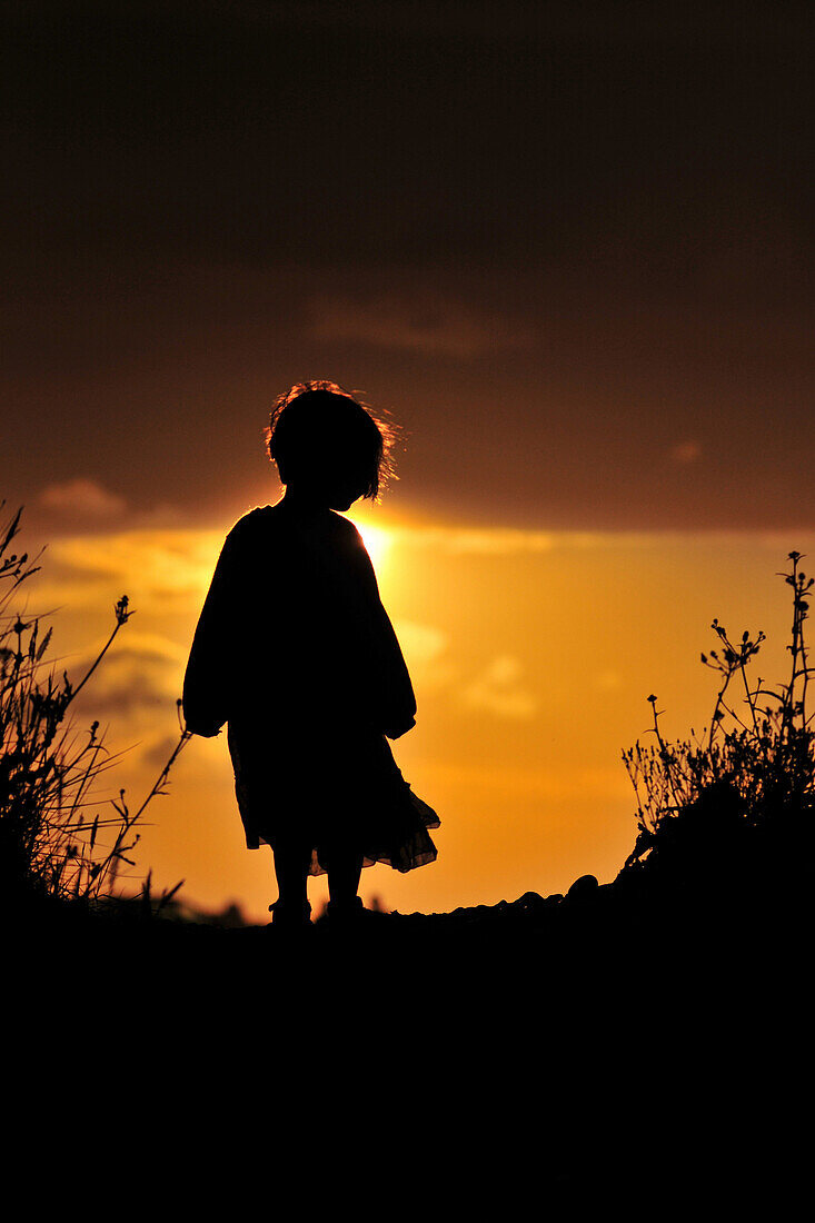 Silhouette Of A Little Girl At Sunset, Somme (80), Picardy, France