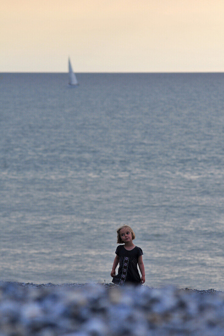 Little Girl On A Shingle Beach, Somme (80), Picardy, France