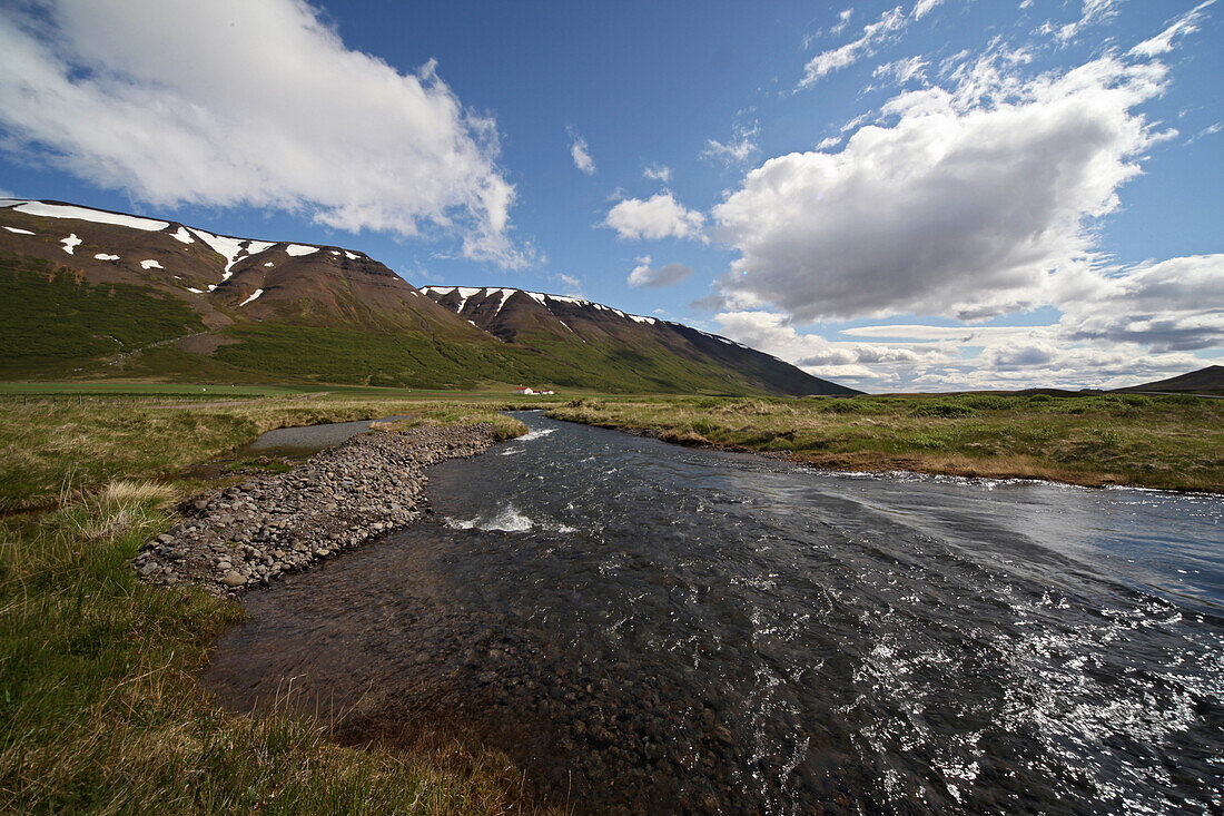 River Near A Farm, Mountain In The Background, Europe, Iceland