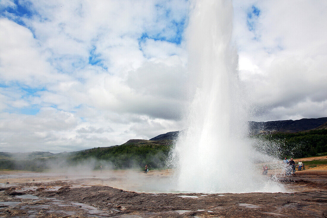 A Spurting Geyser On The Famous Site Of Geysir, Called Stokkur And Shooting Up A 35 Meter Column Every 10 To 15 Minutes, Europe, Iceland