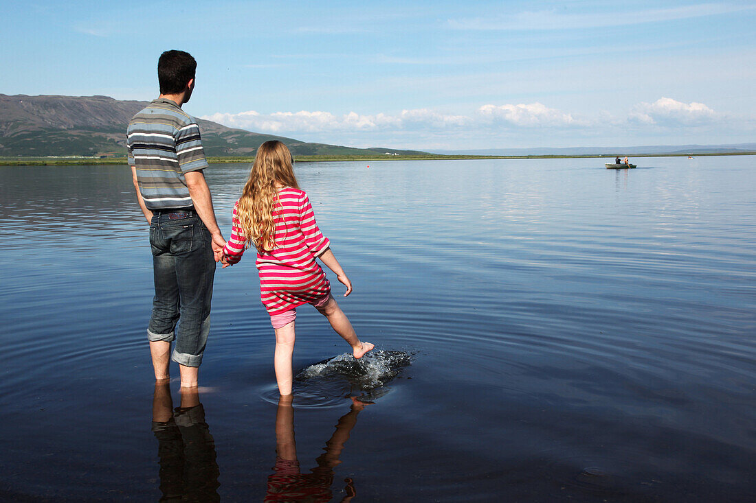 Laugarvatn Lake With People On The Bank Of Natural Steam Baths, Golden Circle, Southern Iceland, Europe, Iceland