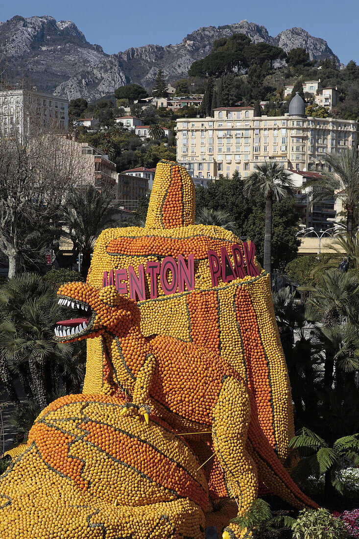 Recreation Of The Decor From The Film Jurassic Park, Exhibition Of Giant Motifs Made Of Citrus Fruits Based On A Cinema Theme, Lemon Festival, Bioves Garden, Menton, Alpes-Maritimes (06), France