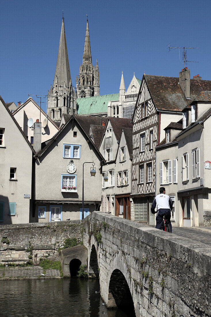 Pont Bouju Bridge With A View Of The Spires Of The Chartres Cathedral, Banks Of The Eure In The Old Town Of Chartres, Eure-Et-Loir, France