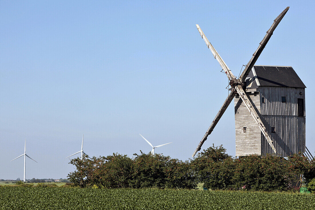 Corn Field, Wind Turbines And The Levesville La Chenard Windmill, Wind Park Of The Beauce, Eure-Et-Loire (28), France