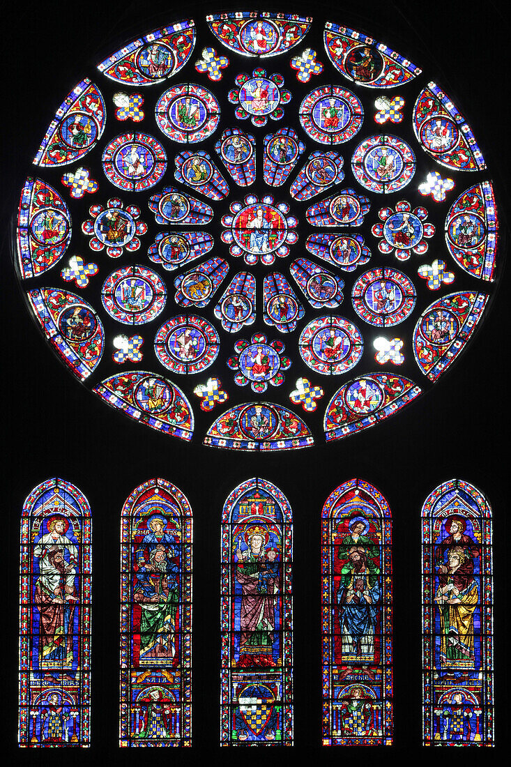 South Facade Of The Transept, Lancet Windows: The Virgin With Child And The Evangelists On The Shoulders Of The Prophets. Rose Window: Vision Of The Apocalypse With The 24 Elders, Angels And Tetramorph, Stained Glass In The Chartres Cathedral, Eure-Et-Loi