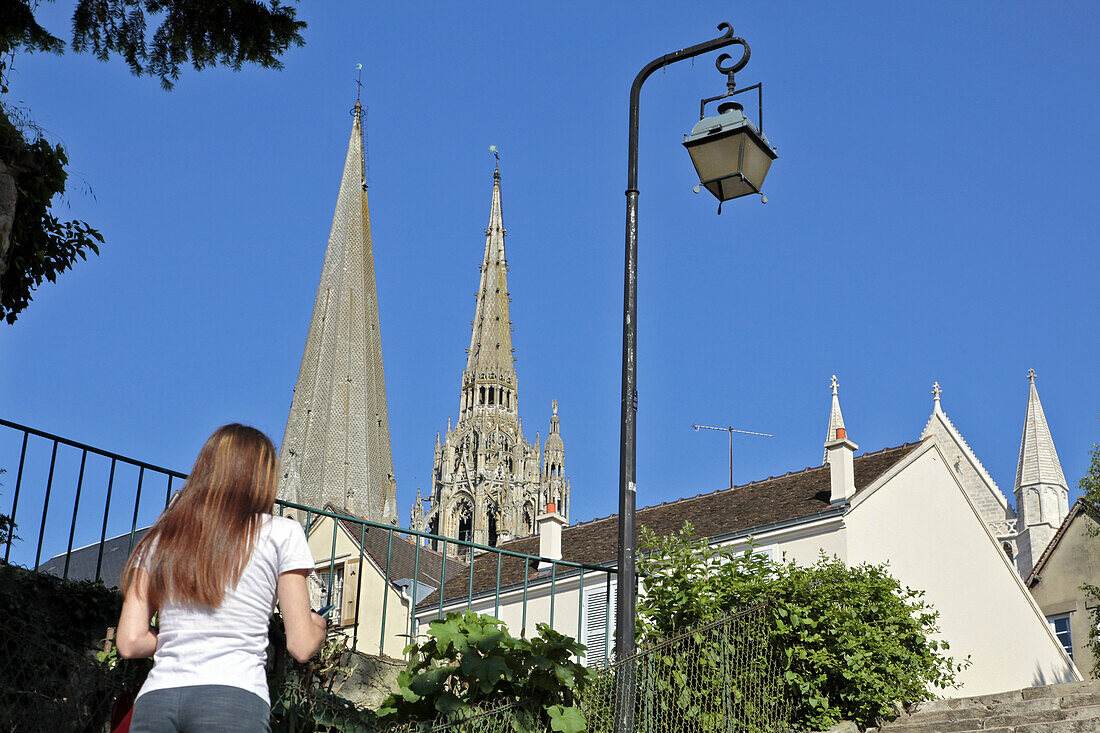 Woman Climbing The Stairway Of The Saint-Eman Hillock Leading To The High Town, Chartres, Eure-Et-Loir, France