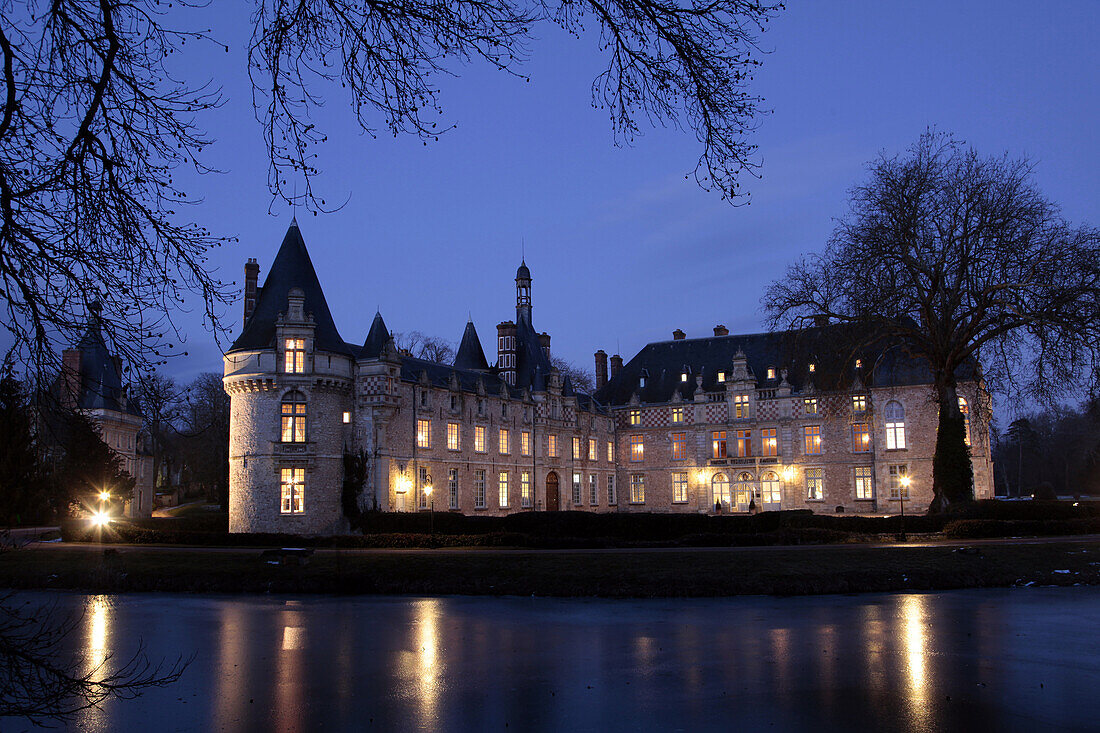 Exterior Nighttime Shot Of The Chateau d'Esclimont, Former Residence Of The La Rochefoucauld Family, Eure-Et-Loir (28), France