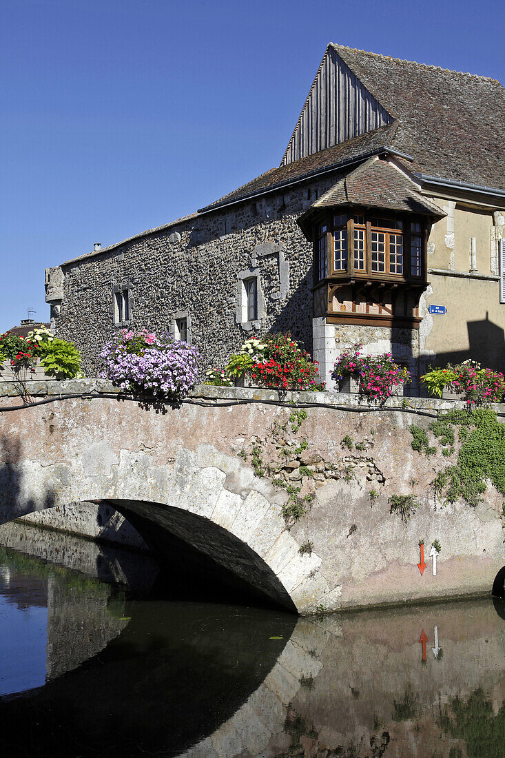 The Moat In Front Of The Old Houses And Medieval Bridge, Bonneval, Eure-Et-Loir (28), France