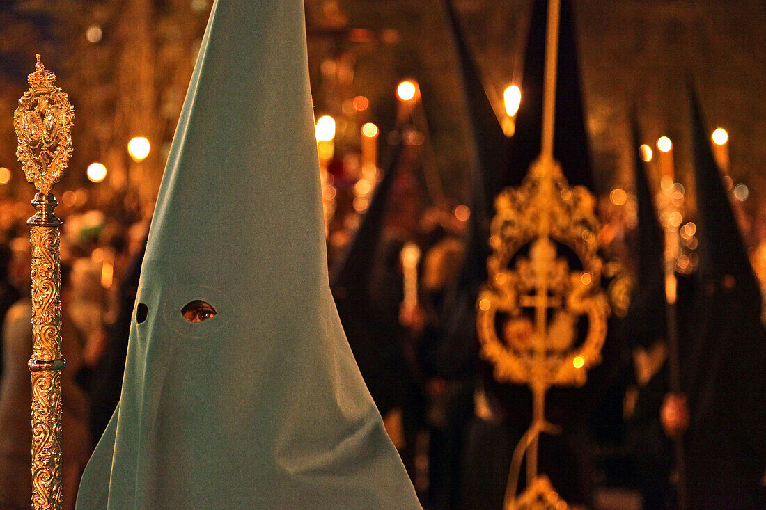 Penitents In Cowl And Hood, Procession Of The Christ Of Faith And Pardon, Holy Week For The Easter Holidays, (The Passion Of Christ), Madrid, Spain
