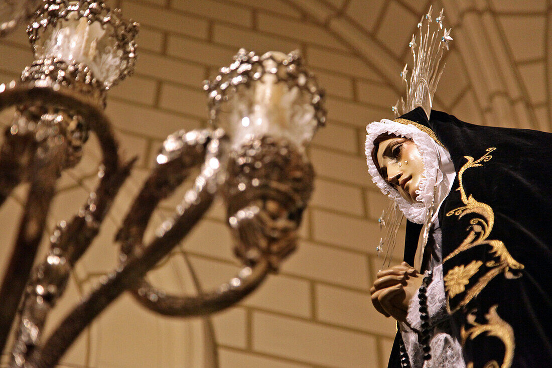 Statue Of The Virgin Mary, Procession Of The Brotherhood Of Nuestra Senora De Los Dolores (Our Lady Of Sorrows), Plaza Mayor, Madrid, Spain