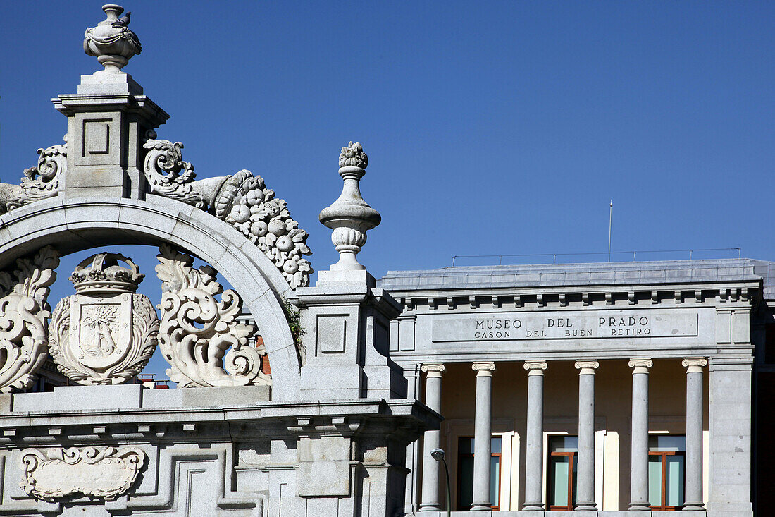 Prado Museum, Cason Del Buen Retiro And Sculpted Entrance Gate To The Parque Del Buen Retiro, Madrid, Spain