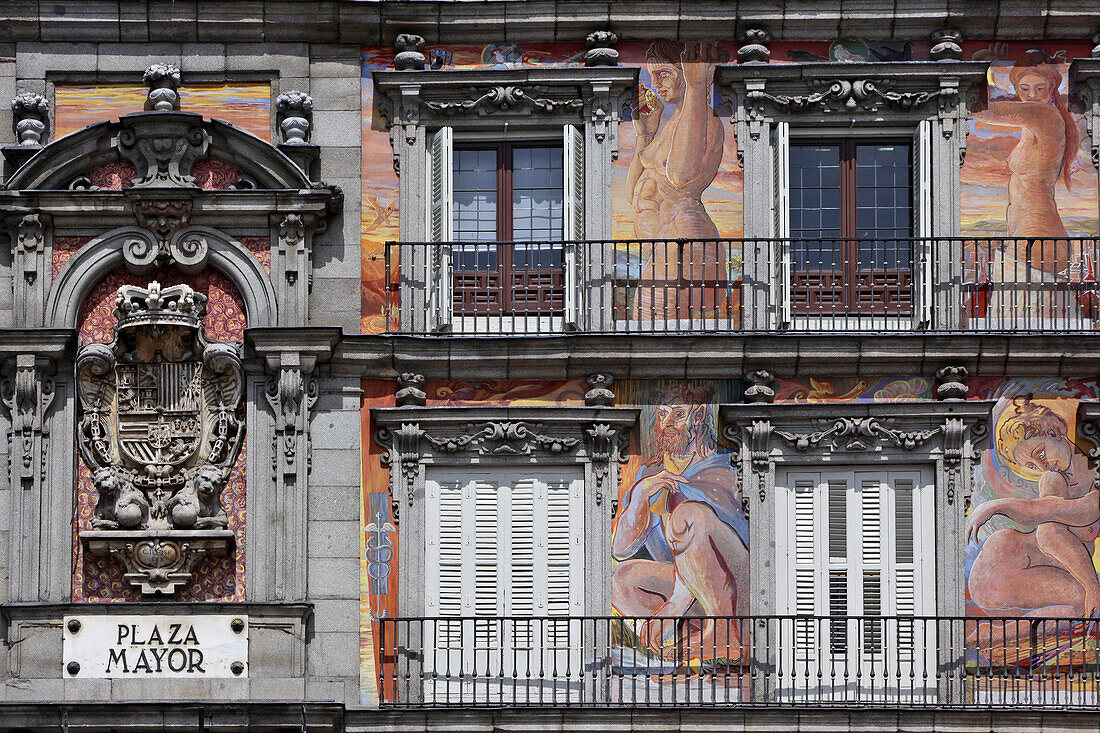 Detail Of The Painted Facade Of The Panaderia, Plaza Mayor, Madrid, Spain