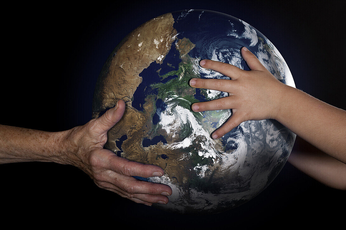 Handing Over Of The Earth From An Old Man's Hands To Those Of A Child, Illustration Of The Passing Of The Earth From One Generation To The Next, Photo Exhibition 'Fragile Earth' Presented By The Association 'L'Effet Colibri' France