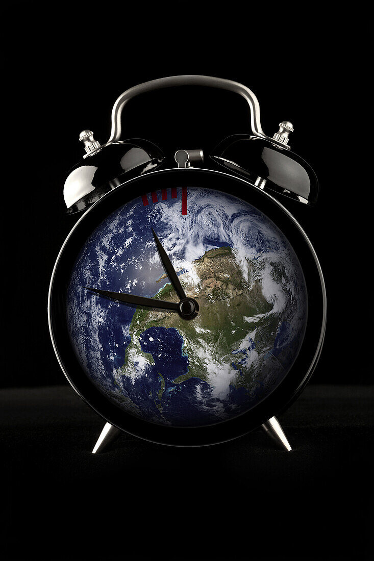 The Earth In The Form Of An Alarm Clock With Countdown Reaching Its End, Illustration Of The Time That Passes Before Man's Actions Against The Planet Become Irreversible, Photo Exhibition 'Fragile Earth' Presented By The Association 'L'Effet Colibri' Fran
