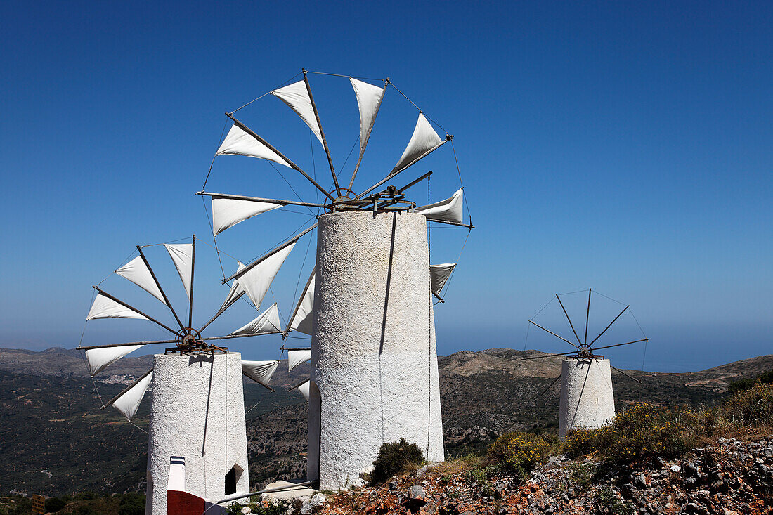 Windmills with sails, Lasithi Plateau, Prefecture Lasithi, Crete, Greece