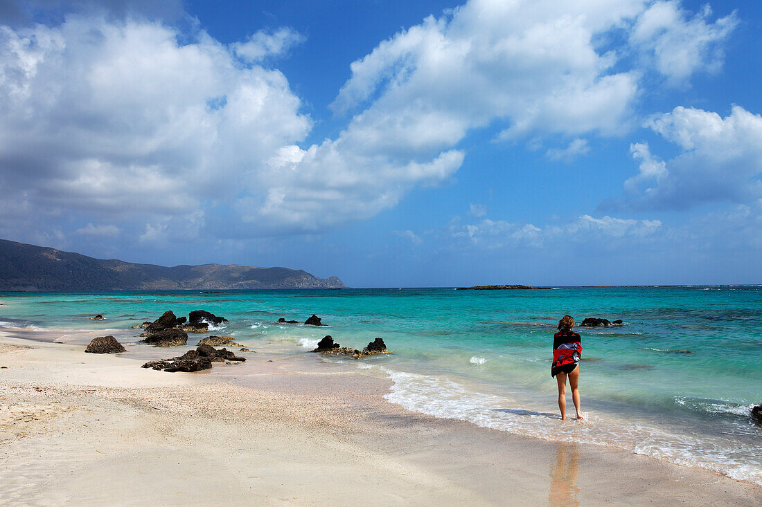 Woman at beach, Elafonisi, Chania Prefecture, Crete, Greece