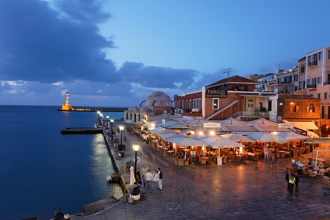 Restaurants, Turkish Mosque Yiali Tzami, Venetian port, Chania, Crete, Greece