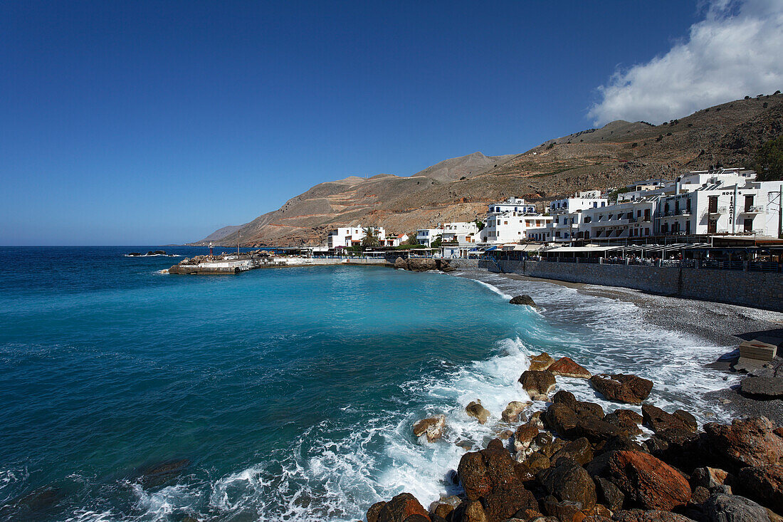 Blick auf Chora Sfakion, Präfektur Chania, Kreta, Griechenland