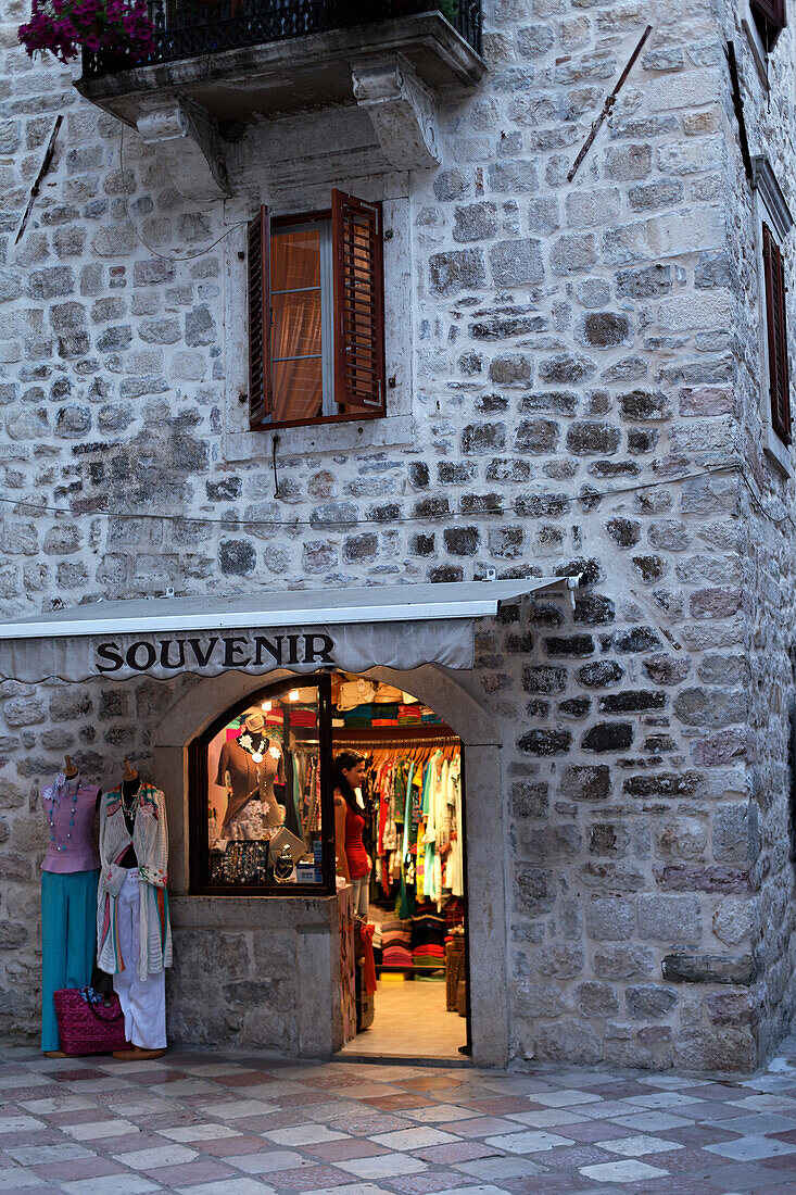 Illuminated shop at the town of Kotor, Montenegro, Europe