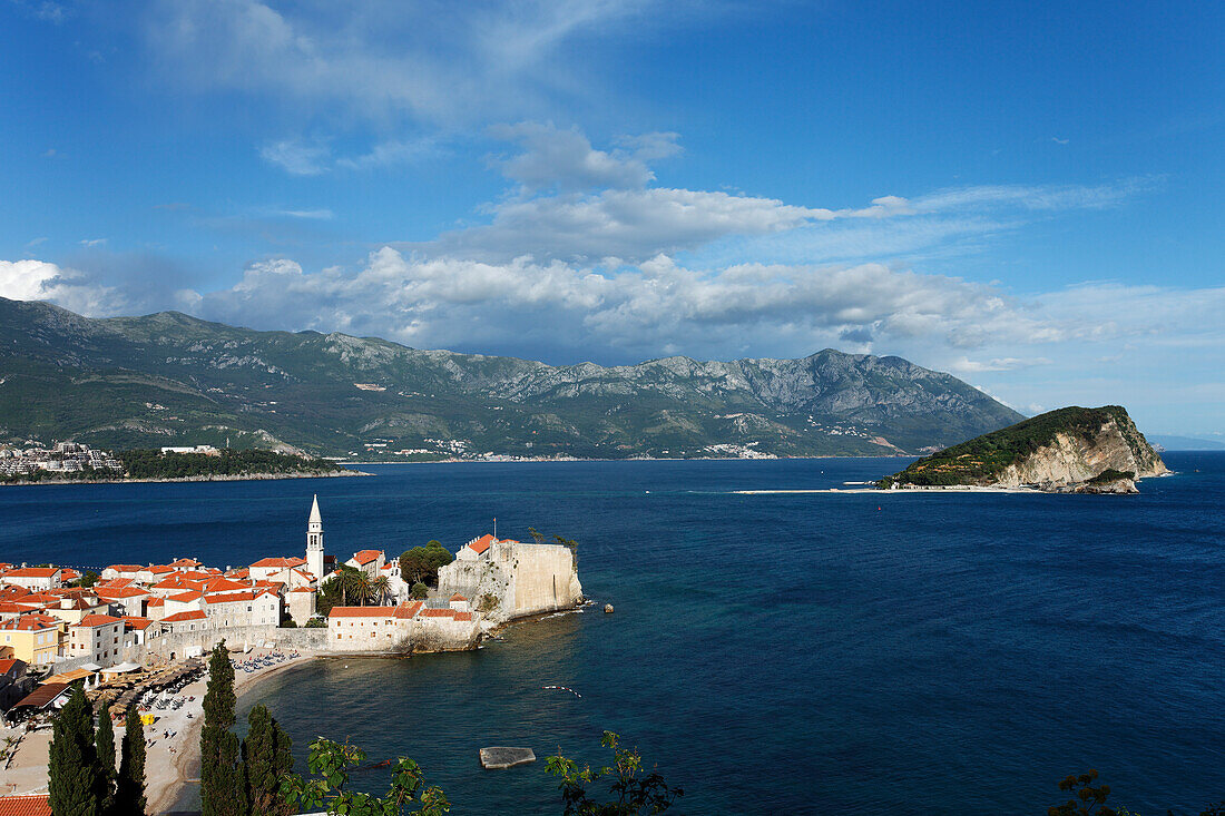 City view with bell tower of Sveti Ivana cathedral, Budva, Montenegro, Europe