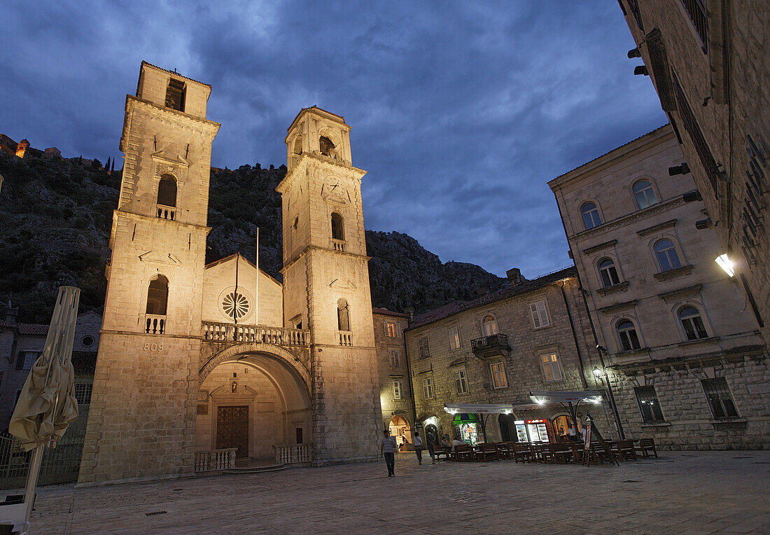 The illuminated St Tryphon cathedral in the evening, Kotor, Montenegro, Europe