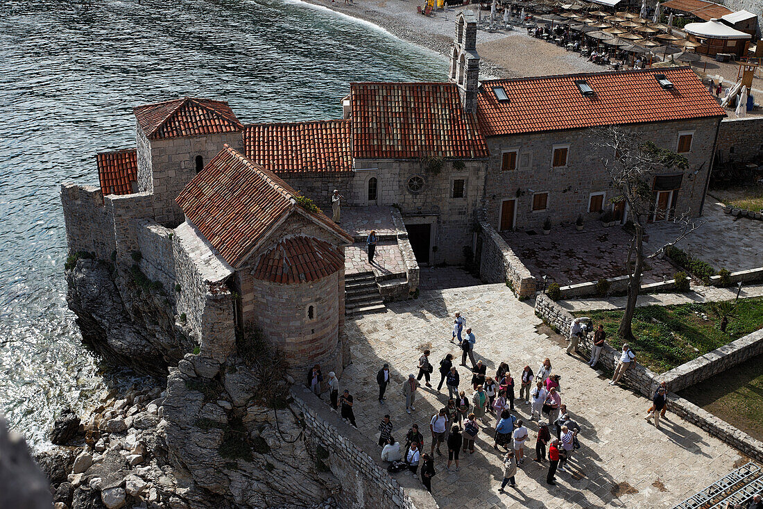 High angle view of people in front of the church St. Save and St. Marija, Budva, Montenegro, Europe