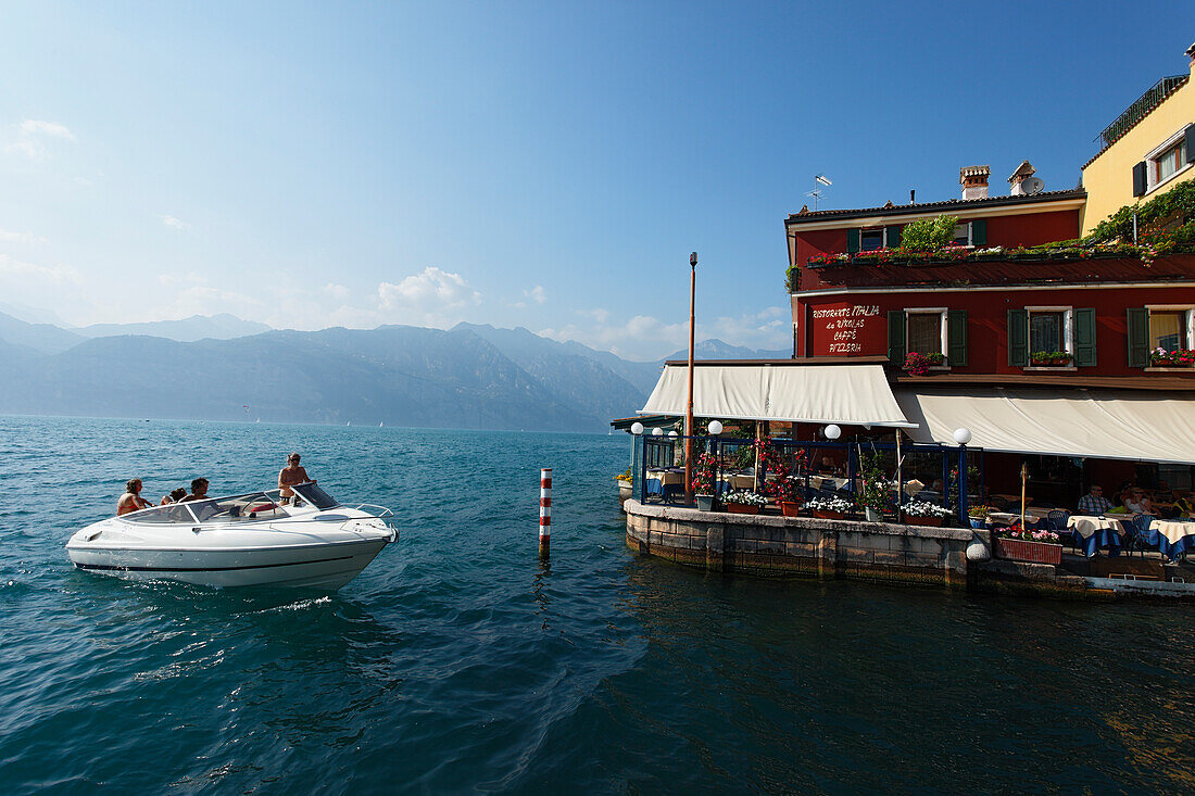 Boat, Restaurant, Malcesine, Lake Garda, Veneto, Italy