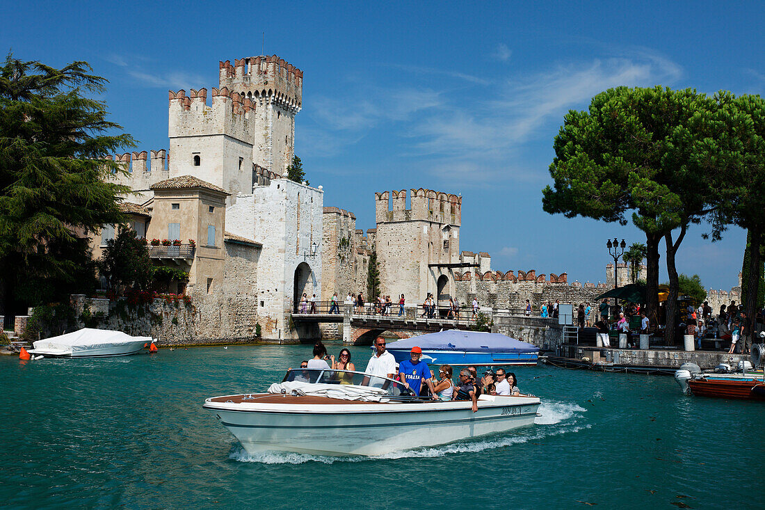 Excursion boat, Scaliger Castle, Sirmione, Lake Garda, Veneto, Italy