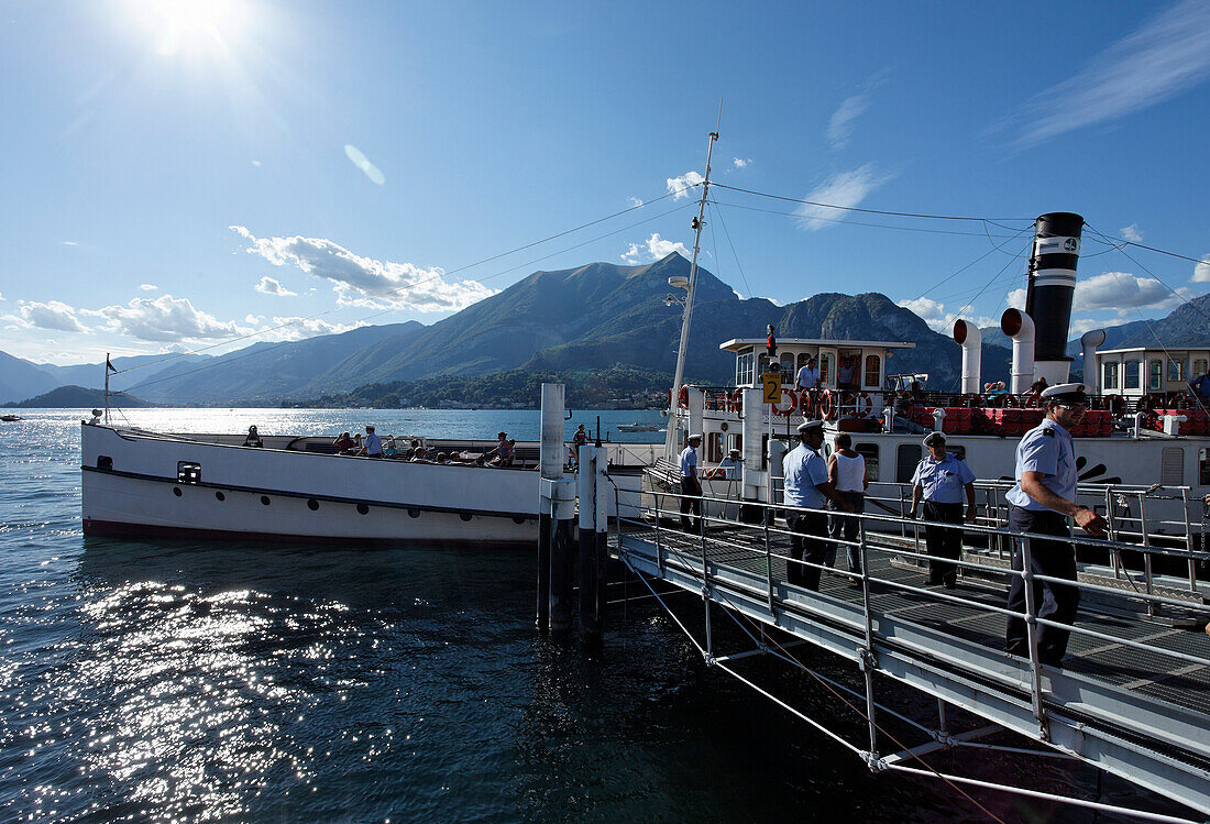 Paddle Wheel Steamer on the quay, Bellagio, Lake Como, Lombardy, Italy