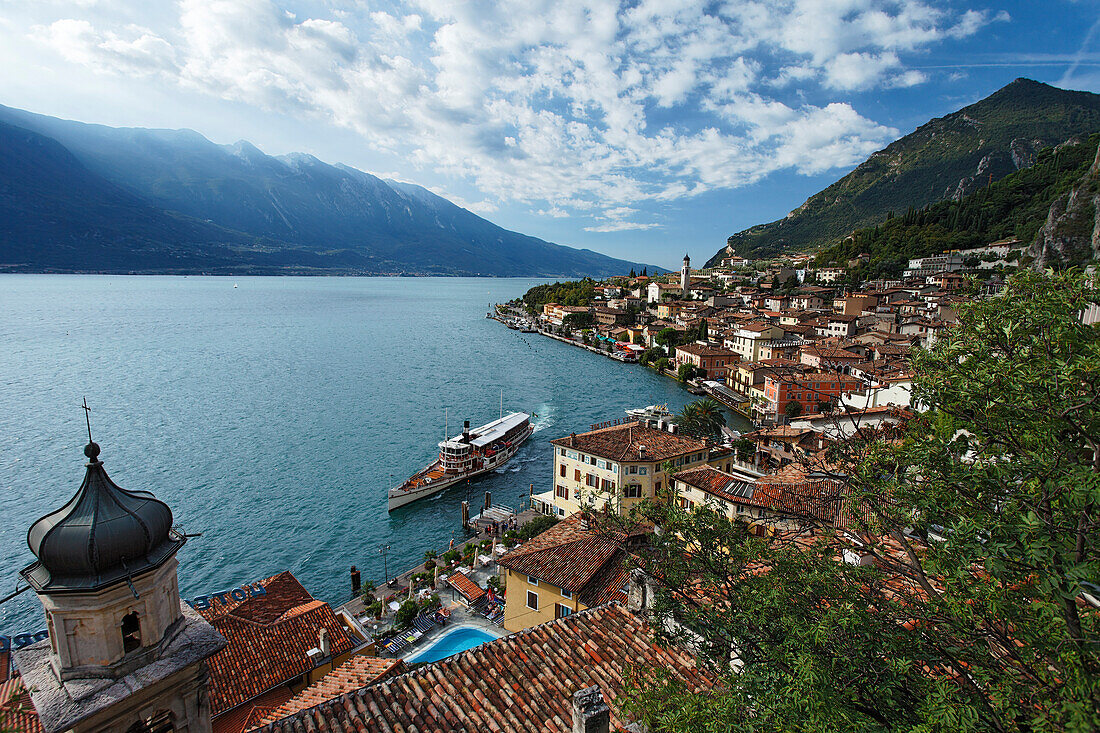 Excursion boat, view over Limone, Lake Garda, Lombardy, Italy