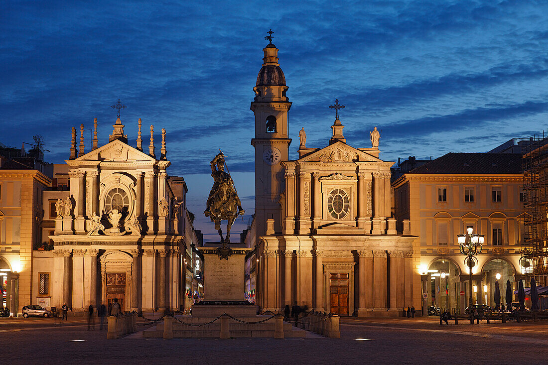 Statue Emanuele Filiberto, Church of Santa Cristina, Church of San Carlo, Piazza San Carlo, Turin, Piedmont, Italy