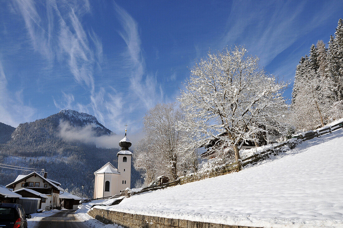 View over Oberaudorf in winter, valley of the Inn, Winter in Bavaria, Germany, Europe