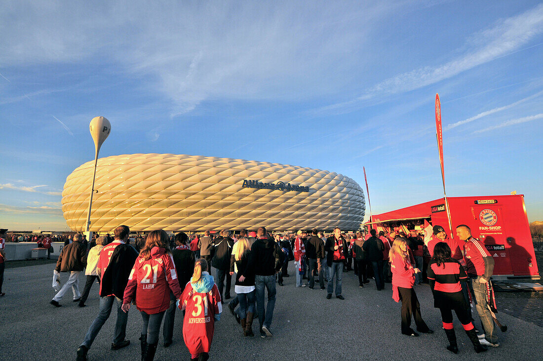 People in front of the Allianz Arena, Munich, Bavaria, Germany, Europe