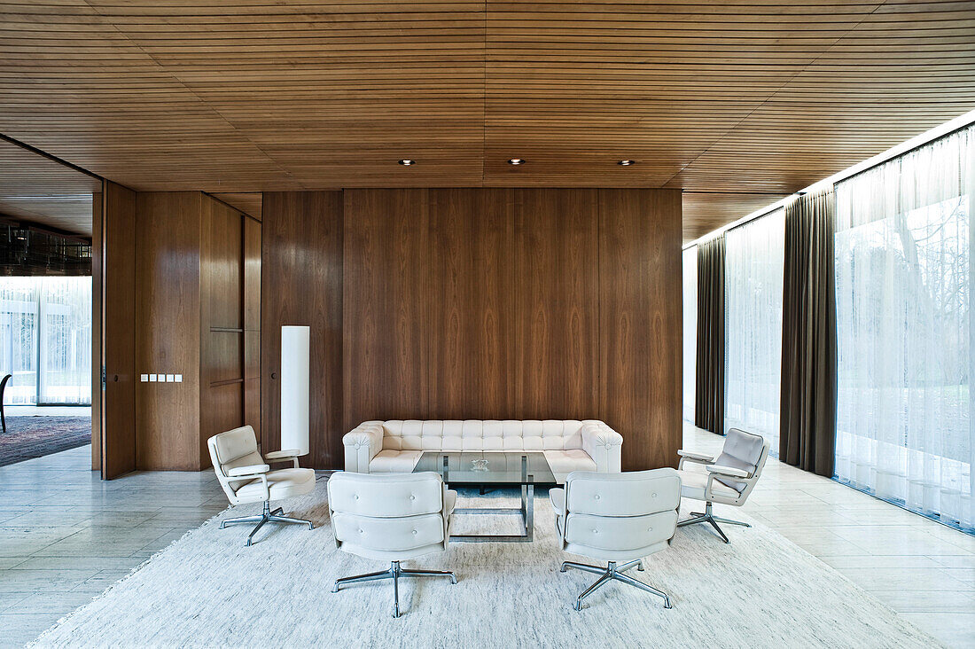 Deserted living room, official chancellor bungalow, built 1964, Bonn, Germany, Europe