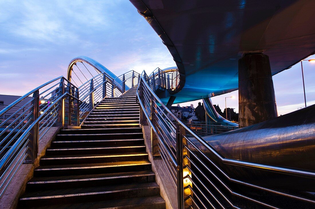 The Millennium footbridge connecting Holyhead with the railway station, Anglesey north Wales UK