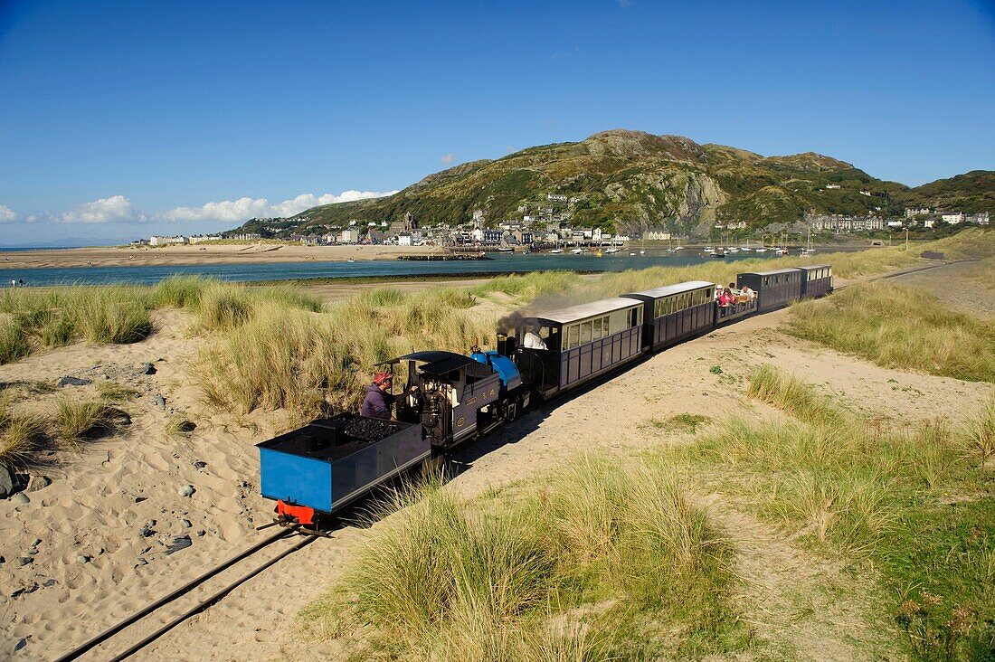 The Fairbourne miniature steam railway and Barmouth, Mawddach Estuary, Snowdonia National Park, Gwynedd, North Wales UK