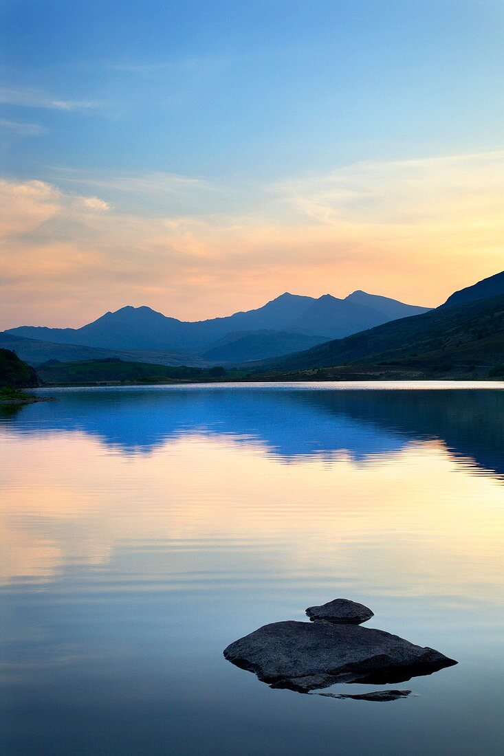 Snowdon Horseshoe at sunset from Llynnau Mymbyr Conwy Wales