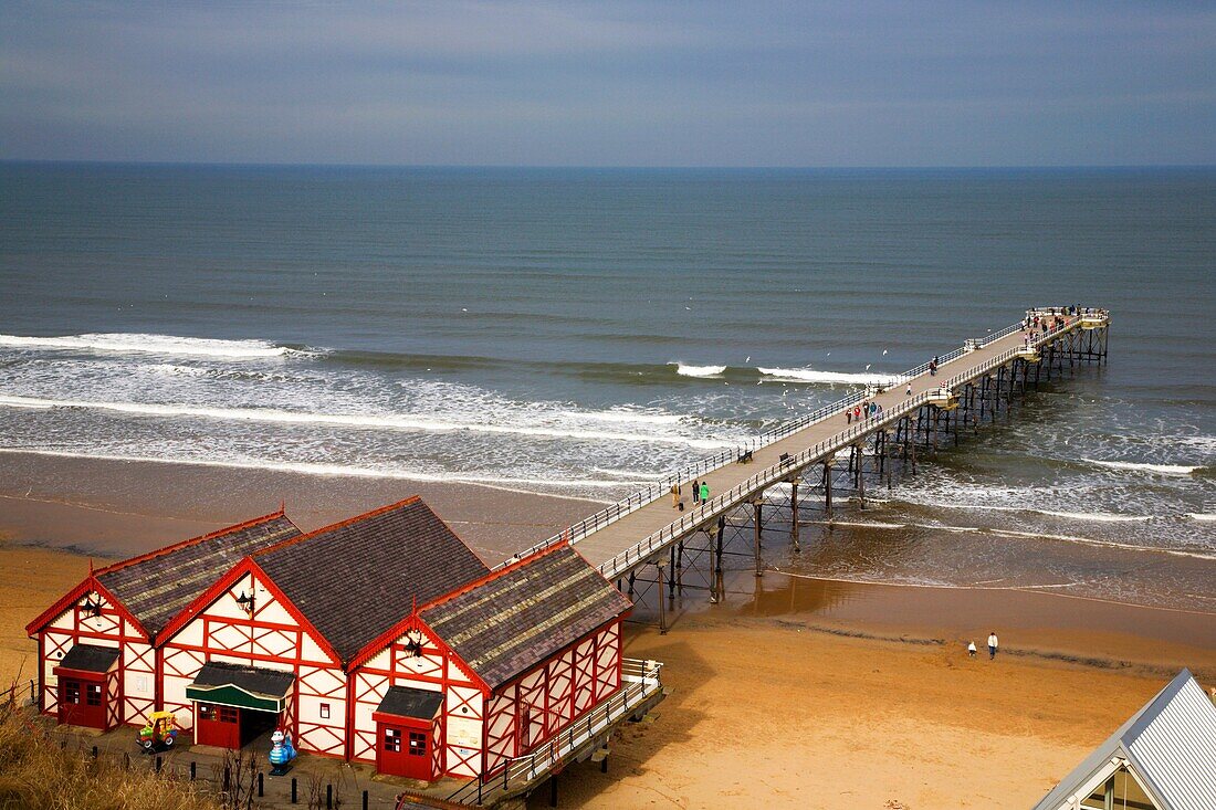 The Pier busy at Half Term in Winter Saltburn Cleveland England