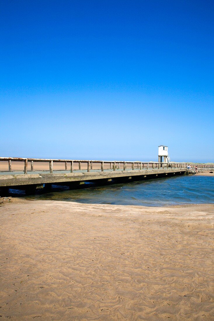 Causeway Bridge at low tide Lindisfarne Northumberland England