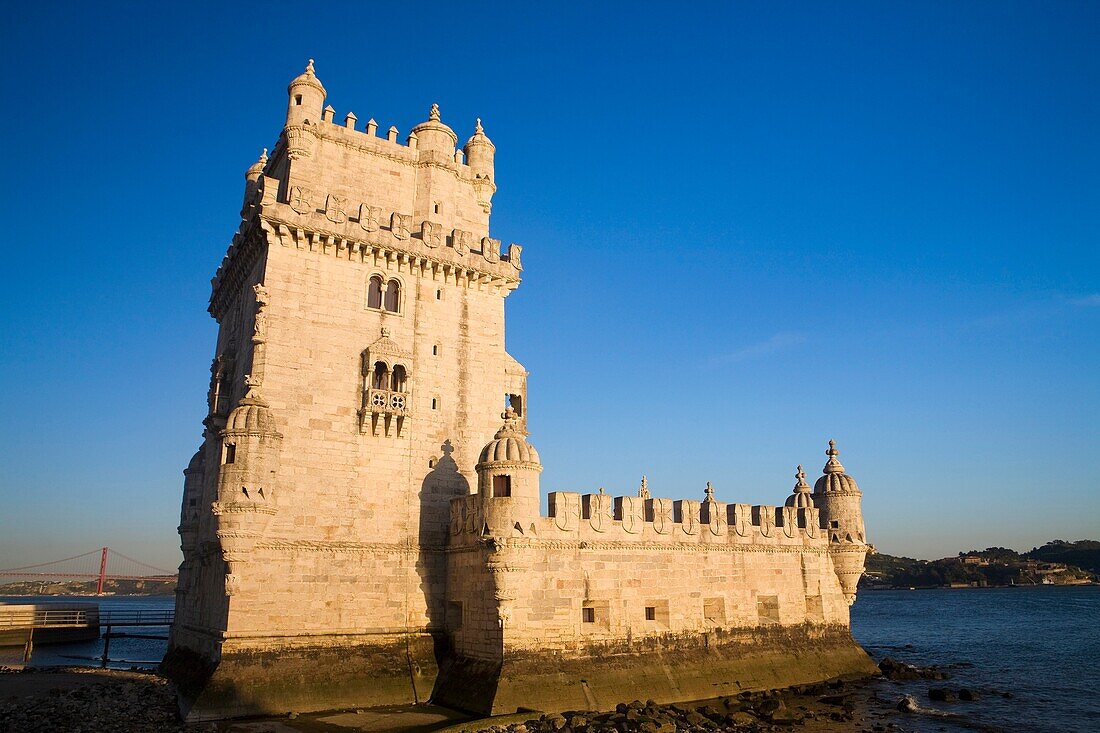 Tower of Belem at dusk, Lisbon city, next to the mounth of Tagus river in Atlantic Ocean Portugal
