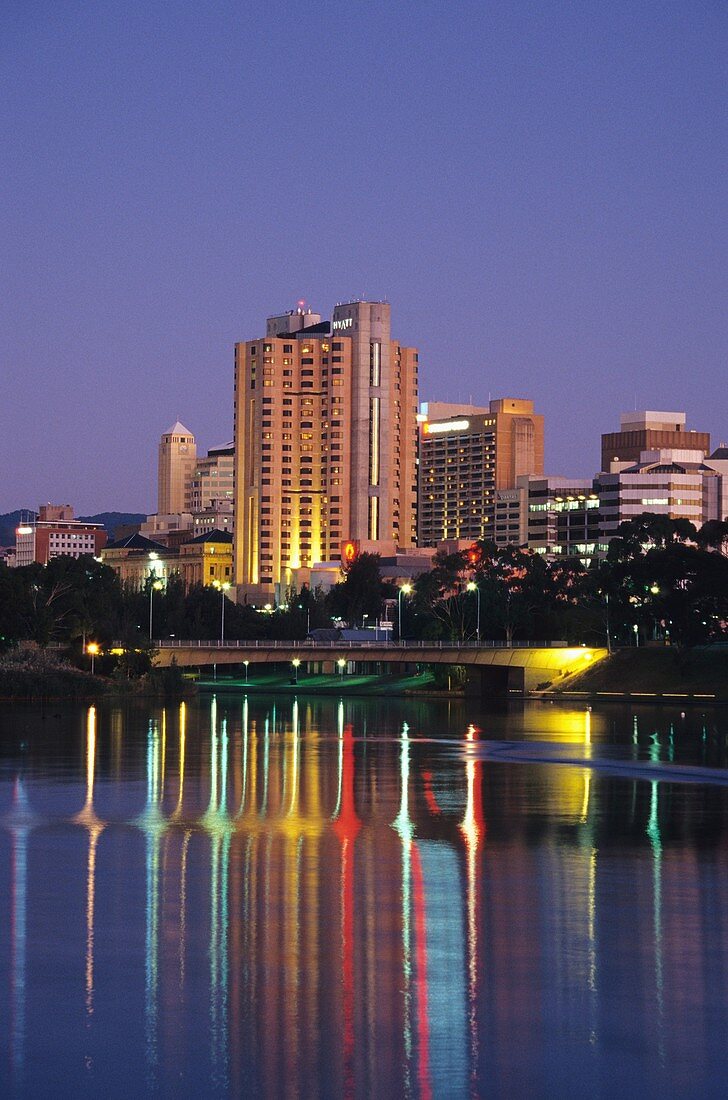 Early evening over the River Torrens and city of Adelaide in Australia