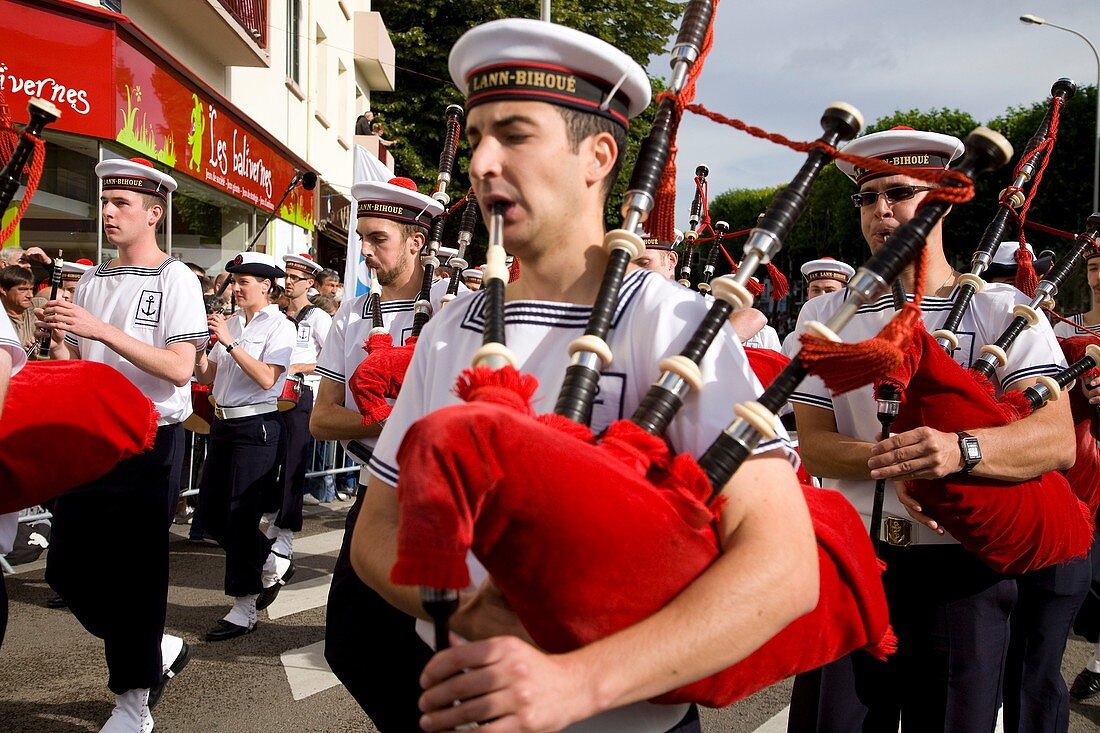 Celtic Music and Culture parade in the Interceltic Festival of Lorient. Bagpipers. Brittany. France