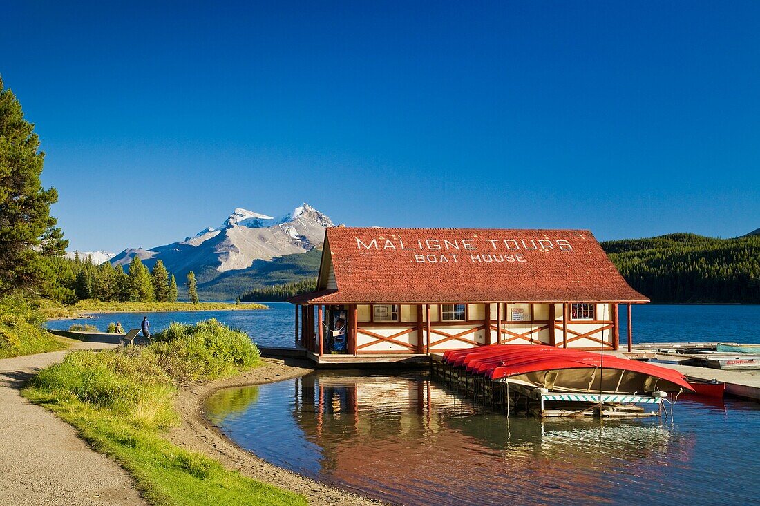 The boathouse at Maligne Lake in the Canadian Rocky Mountains, Jasper National Park, Alberta, Canada