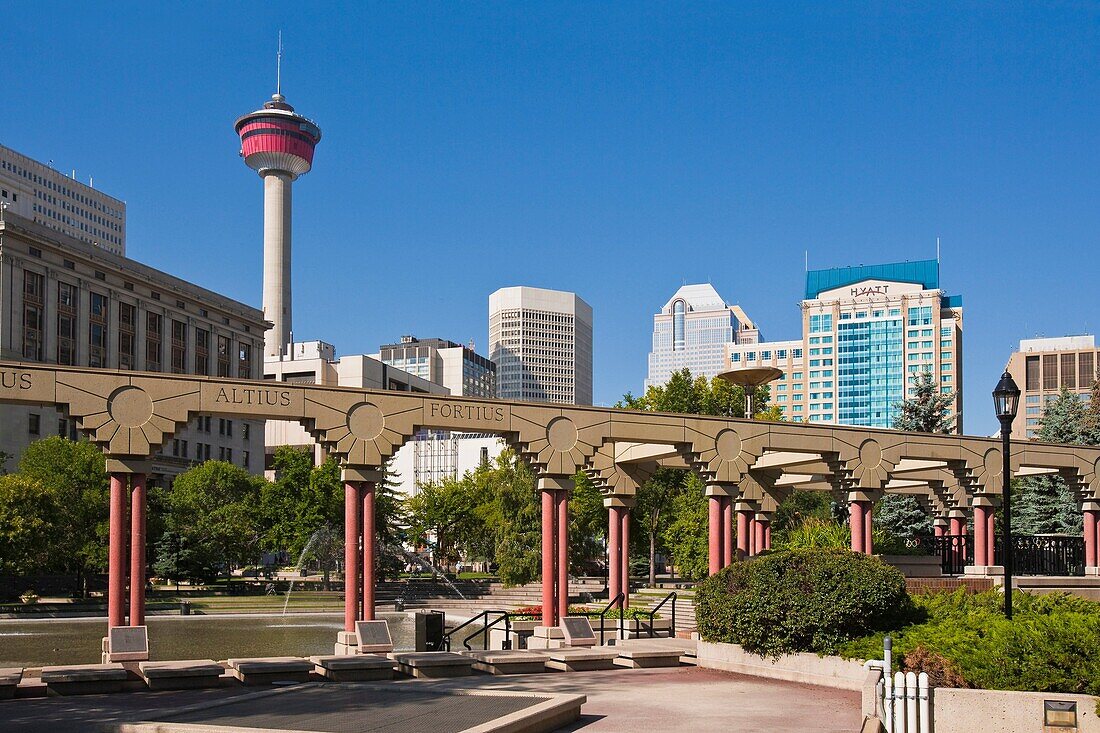 Alberta, architecture, blue sky, building, Calgary, Calgary Tower, Canada, city, day, holiday, horizontal, olympic plaza, outdoor, skyscraper, tourism, Tourist destination, travel, vacation, V04-1166584, AGEFOTOSTOCK