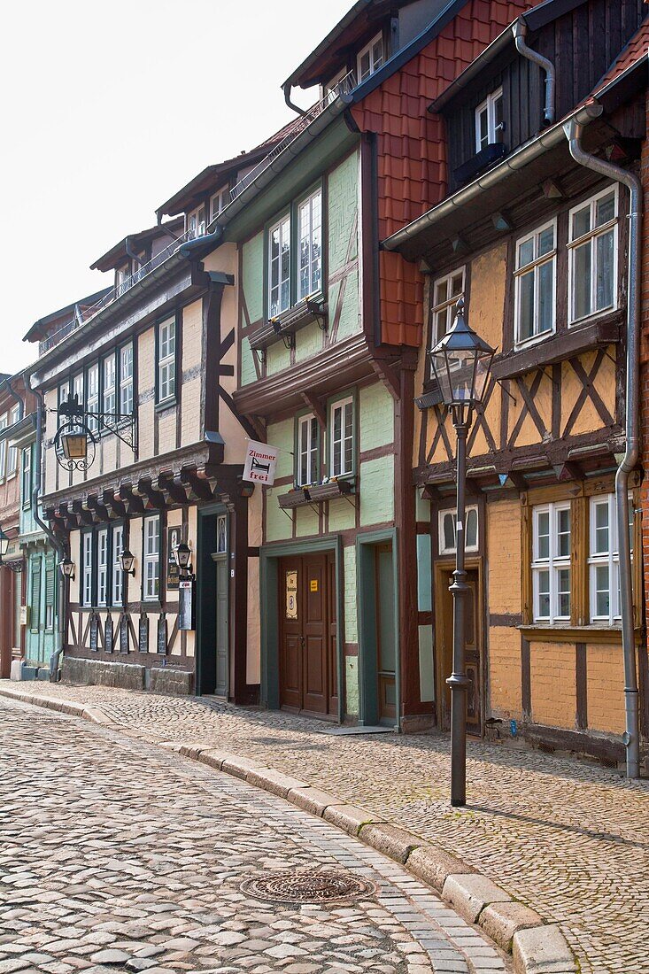 Row of traditional timbered houses in Quedlinburg, Harz, Germany, Europe