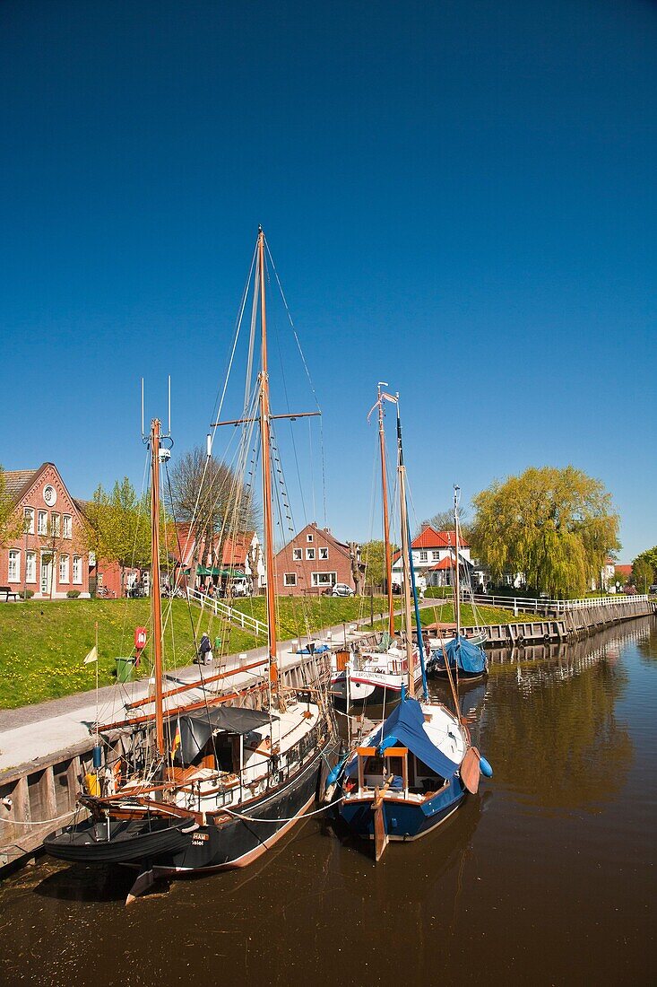 Sailboats in the historic harbor of Carolinensiel, East Frisia, Lower Saxony, Germany, Europe