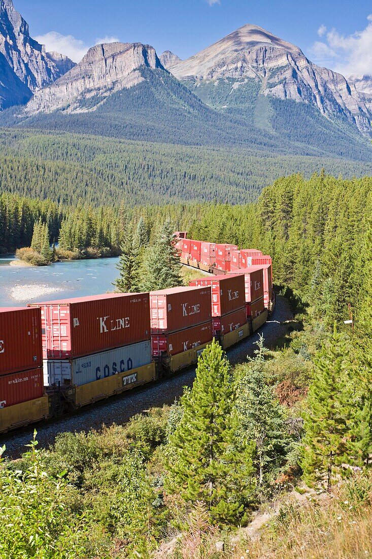 Freight train of the Canadian Pacific Railway at Morant's Curve in the Banff National Park, Alberta, Canada